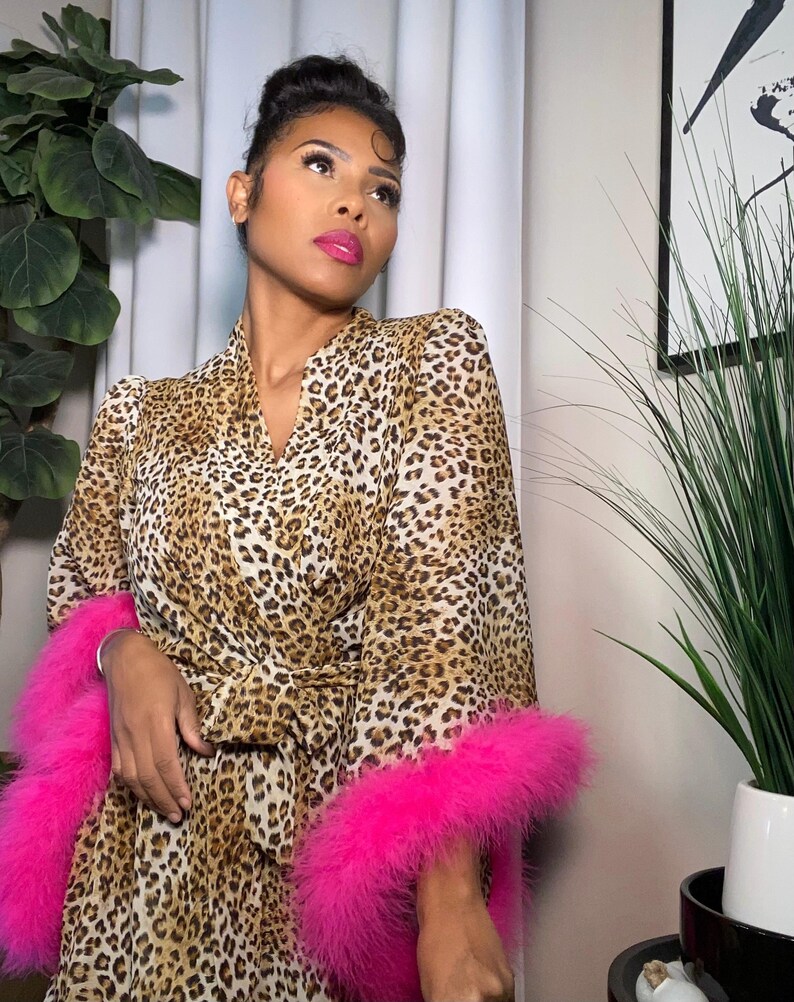 Chiffon Leopard print feather kimono Robe with Pink Feathers / Birthday Gift / Loungewear / Spring Robe/ image 5
