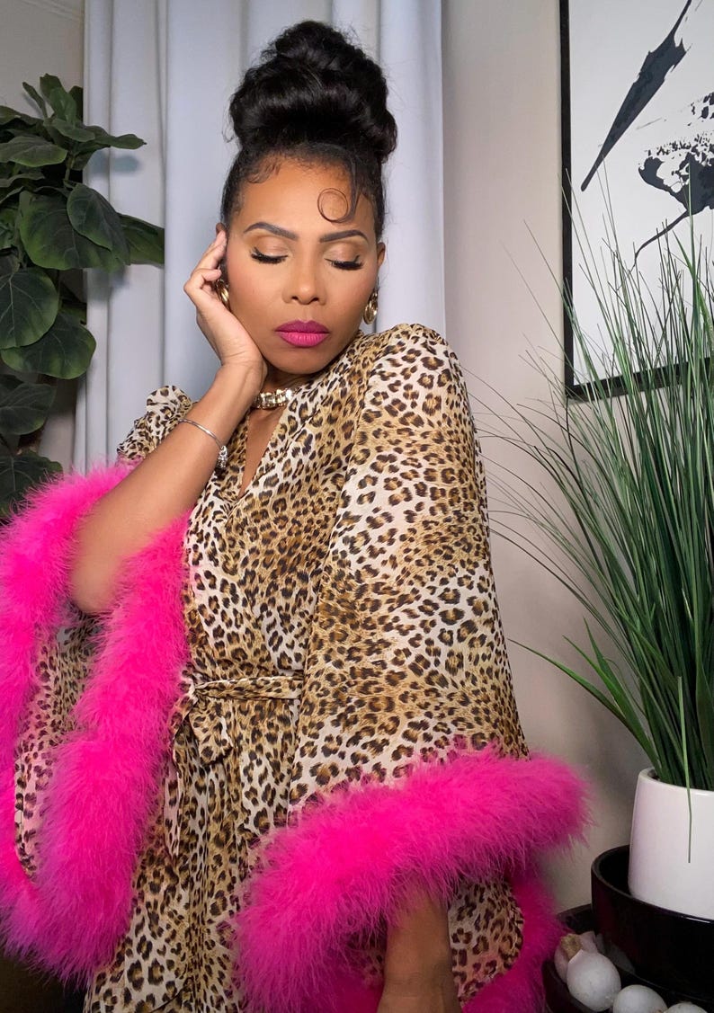 Chiffon Leopard print feather kimono Robe with Pink Feathers / Birthday Gift / Loungewear / Spring Robe/ image 7