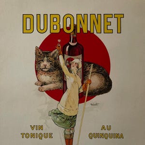 Vino tónico Dubonnet y quinina, vintage, cartel publicitario, litografía original, década de 1920, esquiadora, gato, Delavat, Francia, licor