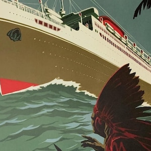 Línea Cosulich, cartel publicitario vintage, litografía original, A. Dondou, impresión posterior de una obra de la década de 1940, nativo americano, transatlántico, Italia
