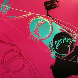 Perrier Pink, Andy Warhol, litografía offset, cartel publicitario, impresión temprana, década de 1980, vintage, botellas, firma del artista en placa