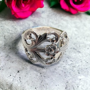 Viking Rose Norwegian Sterling Silver Spoon Ring - Upcycled Spoon Jewellery Handmade Gift