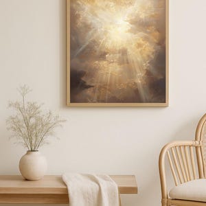 Heavenly Light Digital Wall Art | Glowing Sun Rays Cloud Print | Spiritual Ethereal Sky Artwork | Instant Download
