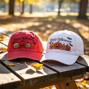 Happy Halloween Embroidered Hat with Pumpkin Design | Fall Wash Hat or Baseball Cap for Spooky Season, Autumn Outfit & Halloween Gift Idea