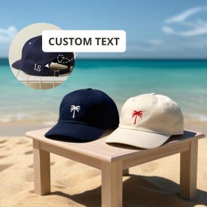 Custom Palm Tree Embroidered Baseball Cap or Washed Hat – Personalized Beach Vacation Hat – Summer Travel Gift for Him or Her