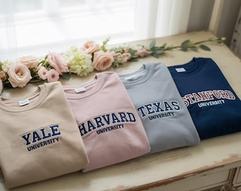 Custom Embroidered University Sweatshirt, Hoodie or T-Shirt – College Style Campus Crewneck with Custom School Name, Graduation Gift Idea