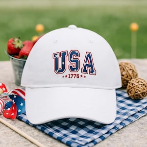 USA 1776 Embroidered Baseball Cap White Patriotic Hat American Flag Stars Wash Hat July 4th Independence Day Gift for Men Women