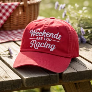 Weekend Racing Embroidered Hat – Funny Motorsports Wash Hat or Baseball Cap, Racing Lover Gift, Adjustable Red Hat for Car or Track Fans