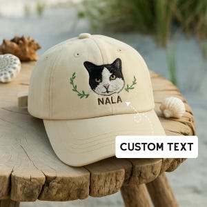 Custom Cat Embroidered Hat – Personalized Pet Portrait Cap with Name, Beige Wash Hat or Baseball Cap, Cat Lover Gift, Custom Text Cat Hat