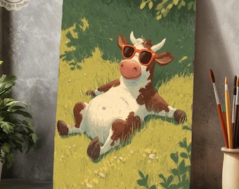 Grappige koe schilderen op nummer set | Koe met zonnebril | Leuk boerderijdier kunstwerk | Doe-het-zelf schilderset voor volwassenen | Ontspannend cadeau-idee