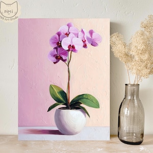May include: A canvas print of a purple orchid in a white pot. The artwork features a textured pink and peach background, with green leaves and a slender stem. The painting is set against a neutral wall, with a vase of dried flowers to the right.
