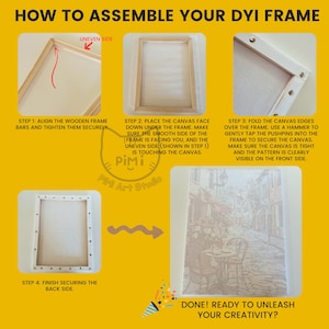 Op de afbeelding: Een gele instructieve afbeelding getiteld HOW TO ASSEMBLE YOUR DYI FRAME. Het toont vier stappen voor het monteren van canvas op houten latten met punaises, inclusief tekstinstructies en afbeeldingen van het montageproces en het voltooide canvas.