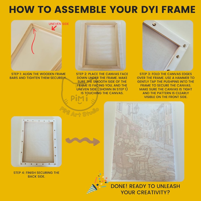Op de afbeelding: Een gele instructieve afbeelding getiteld HOW TO ASSEMBLE YOUR DYI FRAME. Het toont vier stappen voor het monteren van canvas op houten latten met punaises, inclusief tekstinstructies en afbeeldingen van het montageproces en het voltooide canvas.