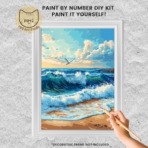 Ocean Waves Paint by Number | Beach, Birds & Sky with Clouds | DIY Painting Kit for Adults | Coastal Home Decor