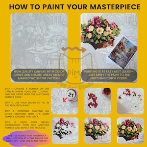Op de afbeelding: Een instructiegids voor schilderen op nummer op een gele achtergrond. Het bevat een canvas met genummerde contouren van een bloemrijke caf&eacute;sc&egrave;ne, een referentie van het voltooide schilderij en vier stappen voor het aanbrengen van verf.