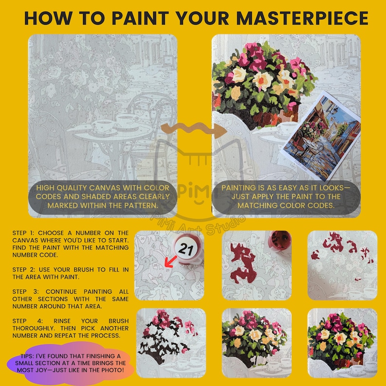 Op de afbeelding: Een instructiegids voor schilderen op nummer op een gele achtergrond. Het bevat een canvas met genummerde contouren van een bloemrijke caf&eacute;sc&egrave;ne, een referentie van het voltooide schilderij en vier stappen voor het aanbrengen van verf.