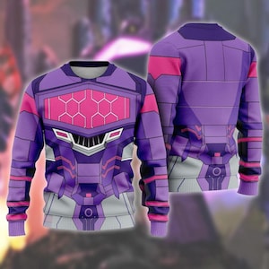 May include: A long-sleeve crewneck sweater featuring a purple and pink graphic print that mimics mechanical armor plating. The design includes a central hexagonal pattern on the chest, segmented paneling, and ribbed cuffs and hem.