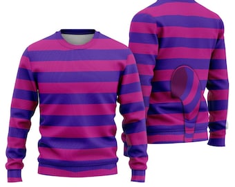 May include: A long-sleeve crewneck sweater featuring horizontal stripes in alternating shades of bright magenta and deep purple. The garment includes a ribbed collar, cuffs, and hem, with a distinct curved patch detail on the back panel.