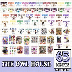 May include: A digital download of 65 The Owl House designs in PNG format. The designs feature characters from the show, including Luz, King, Eda, Amity, and more. The designs are perfect for creating t-shirts, mugs, stickers, and other merchandise.