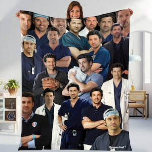 May include: A fleece blanket featuring a collage of images of a man in various poses and outfits. The images include the man in medical scrubs, a baseball glove, and a white lab coat. The blanket has the text "Kozmoz Hall" in the bottom right corner.