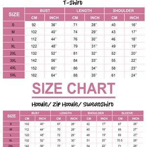 a size chart for a T-shirt, including different sizes and corresponding bust, length, and shoulder measurements.