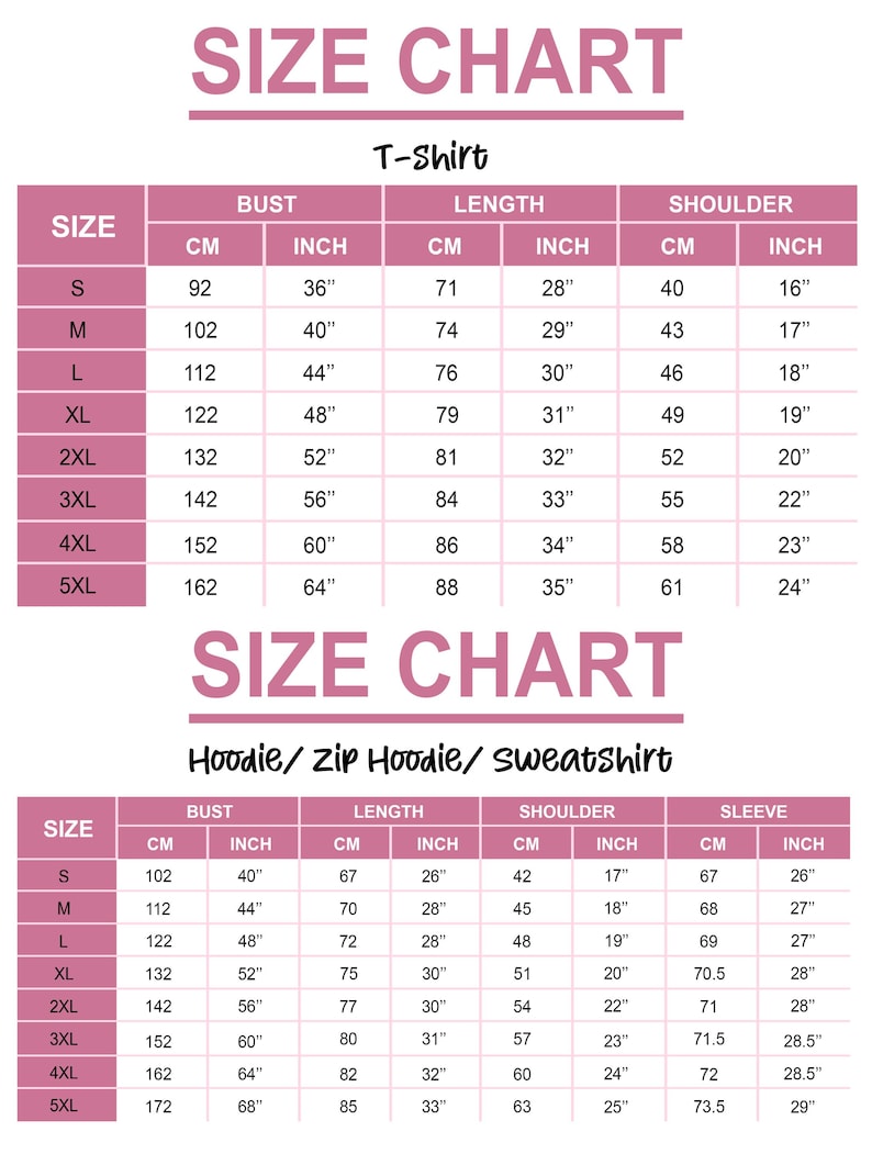 a size chart for a T-shirt, including different sizes and corresponding bust, length, and shoulder measurements.
