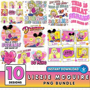 Op de afbeelding: Een digitale clipartbundel met 10 ontwerpen van Lizzie McGuire, een cartoonpersonage uit de Disney Channel-show. De ontwerpen omvatten verschillende poses en uitdrukkingen van Lizzie, samen met tekstzinnen zoals "Dit is waar dromen van gemaakt zijn" en "Wees van mij".