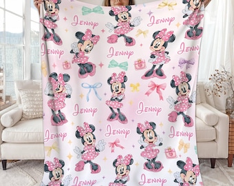 Personalized Watercolor Minnie Mouse Blanket, Custom Name Disneyland Minnie Blanket, Minnie Birthday Gifts, Custom Name Blanket