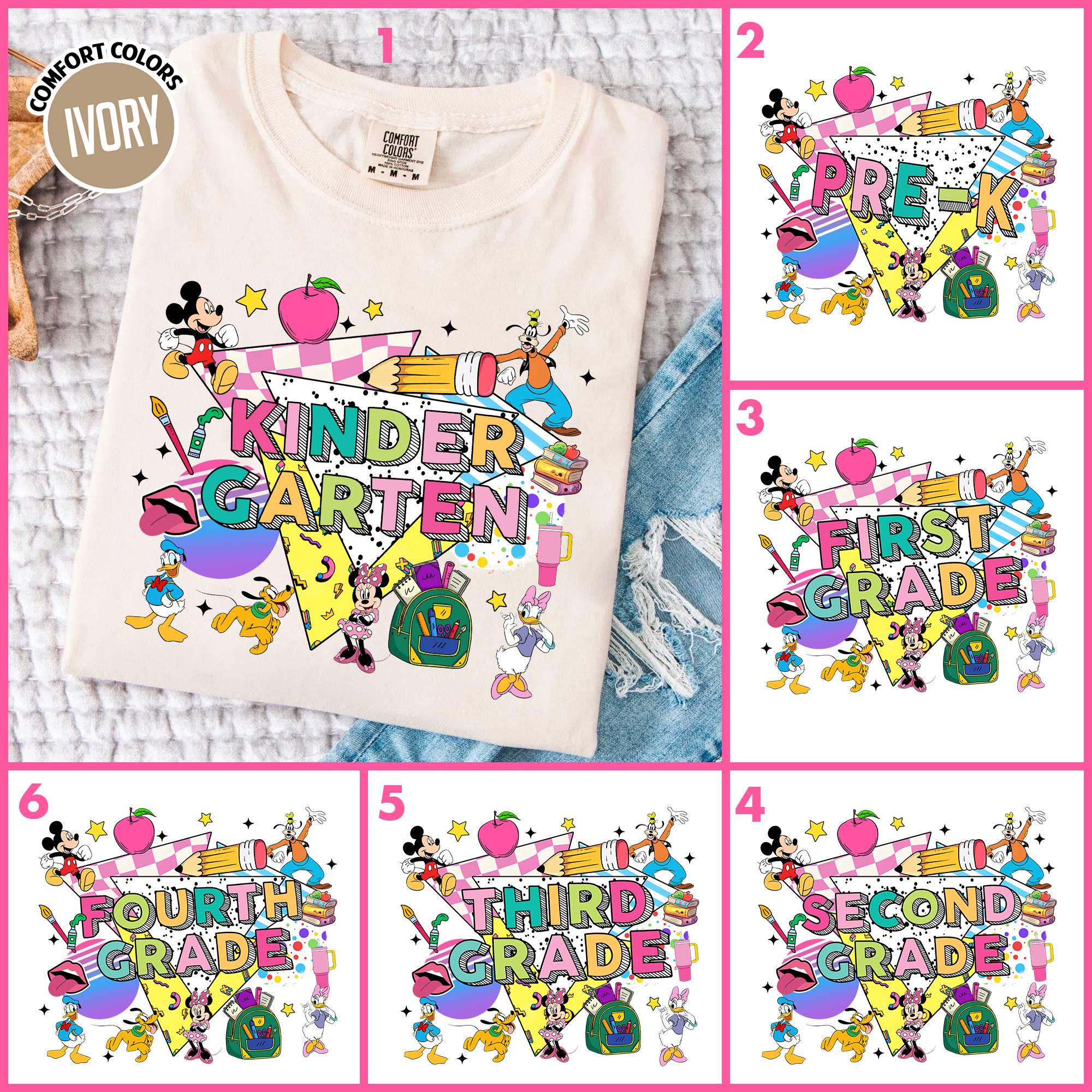 Comfort Colors Custom Mickey And Friends Back To School Shirt, Mickey Minnie Happy First Day Of School Shirt, Disneyland Kindergarten TShirt