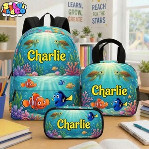 Personalized Sea Turtle Backpack, Custom Name School Bag, Ocean Fish Lunch Box, Gift for Boy, Aquarium Theme Bookbag