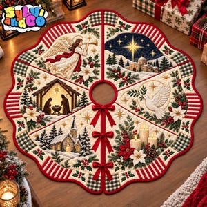 May include: A circular quilted Christmas tree skirt featuring six distinct panels with festive scenes including an angel, a nativity, a church, a dove, and candles. The design is bordered by red and white stripes and green plaid accents.