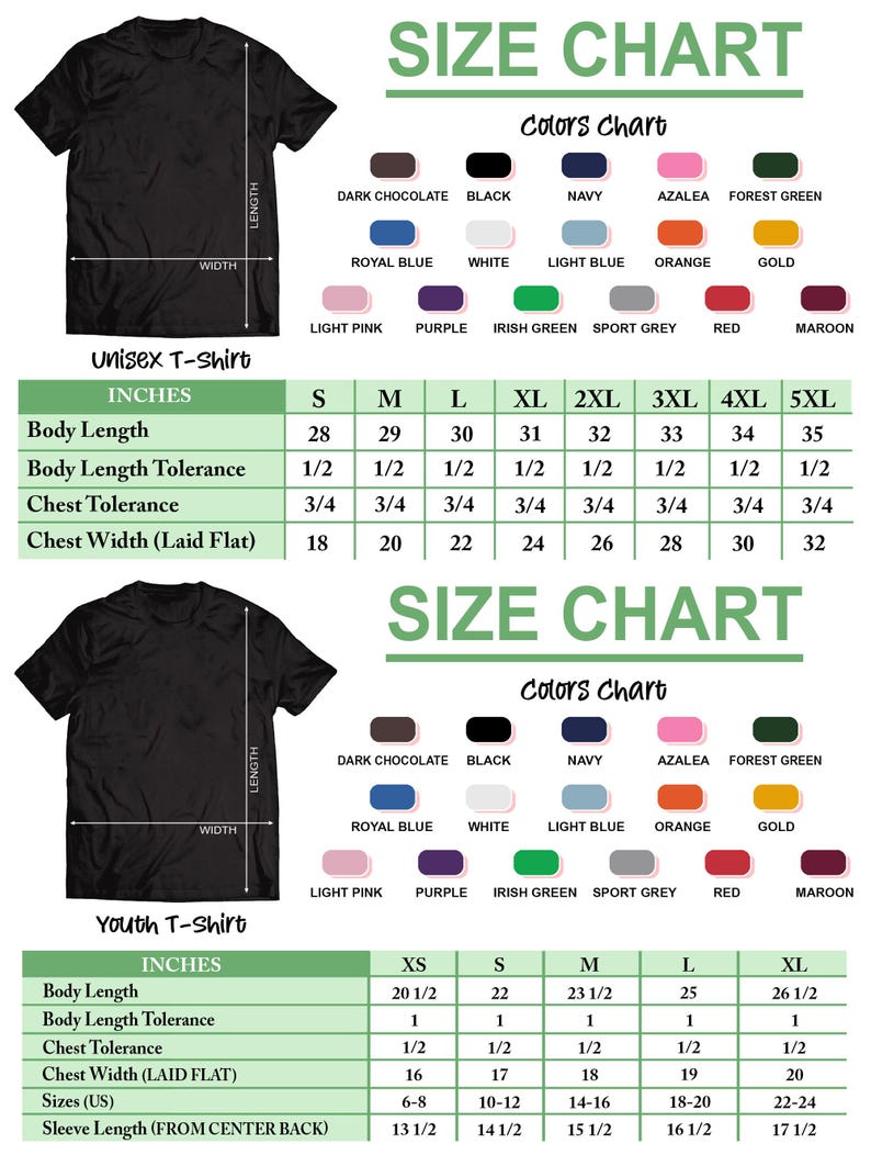 a size chart for a black t-shirt, including measurements for different body sizes and colors. The chart provides the dimensions and corresponding color options for the t-shirt, allowing customers to choose the size and color that best fits their preferences.