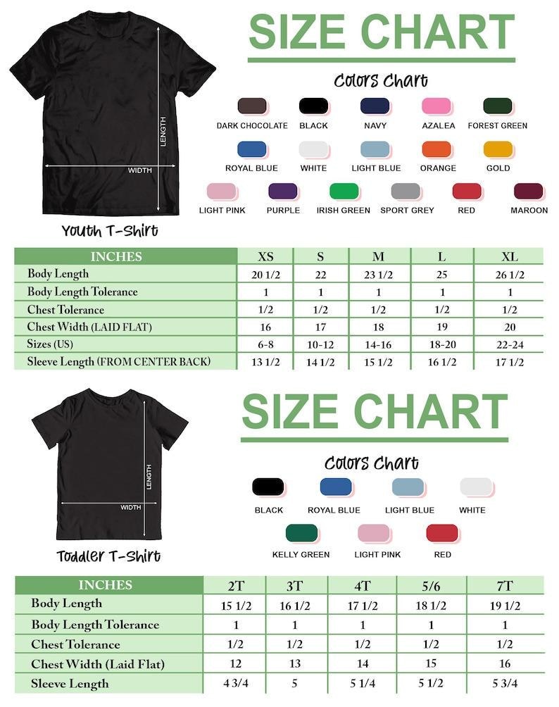 a size chart for a black t-shirt, including measurements for different sizes such as XS, S, M, L, XL, and toddler sizes. The chart also includes color charts for various color options, including dark chocolate, black, navy, azalea, forest green, royal blue, light blue, orange, gold, purple, pink, and maroon. The chart provides specific measurements and color options for each size, allowing for a better understanding of the t-shirt's design and fit.