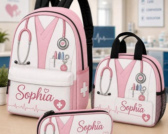 Personalized Nurse Backpack Set, Custom Name Lunch Box, RN Gift for Her, Stethoscope School Bag