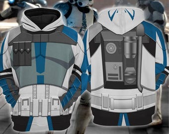 May include: A long-sleeve hooded sweatshirt featuring a graphic print of white, blue, and gray clone trooper armor. The front displays chest plating and utility pouches, while the back depicts a detailed mechanical backpack design with blue accents.