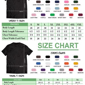 a size chart for a black t-shirt, including measurements for different body sizes and colors. The chart provides the dimensions and corresponding color options for the t-shirt, allowing customers to choose the size and color that best fits their preferences.