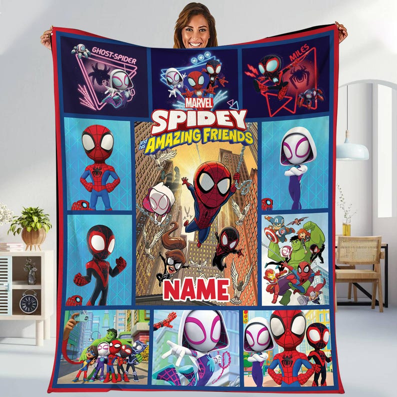 Personalized Spidey And His Amazing Friends Blanket, Spidey Friends Fleece Blanket, Spiderman Superhero Blanket, Spidey Birthday Gifts Bild 1