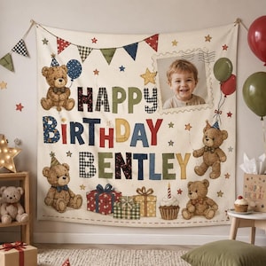 Personalized Photo Birthday Sign, Custom Patchwork Style Happy Birthday Banner, Personalized 1st Birthday Banner, Backdrop Birthday Tapestry