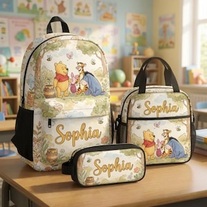 Personalized Winnie the Pooh Backpack Set, Custom Name Lunch Bag, Honey Pot Pencil Case, Back To School Backpack Set