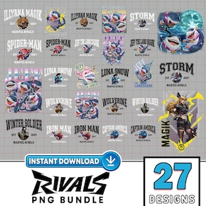 May include: A digital download of 27 PNG designs featuring Marvel characters and the text "Marvel Rivals". The designs include characters like Spider-Man, Iron Man, Captain America, and more.