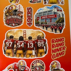 May include: A sticker sheet featuring San Francisco 49ers imagery, including players McCaffrey 23, Purdy 13, Bosa 97, and Kittle 85. Designs include Levi's Stadium, the Golden Gate Bridge, and text such as Niner Nation, Faithful to the Bay, and Bang Bang Niner Gang.