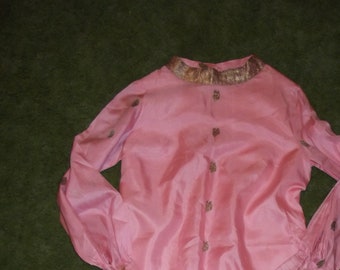 Womens Vintage Handmade Asian Silk Top Tunic Blouse Pink and Gold Mandarin Collar
