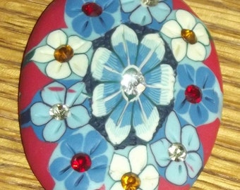 Millefiori Polymer Clay and Rhinestone Cabochon Red and Blue