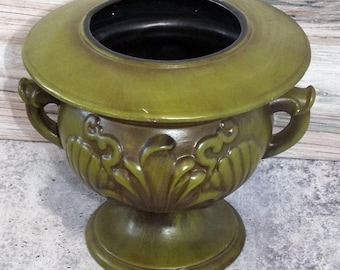 Jarrón/maceta de cerámica vintage Haeger, color verde aguacate, con base y follaje, EA10