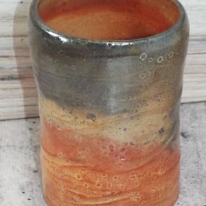 Studio Pottery Tumbler Cup Signed Gretch 4.25" Gray Orange Lustre stripe EB29
