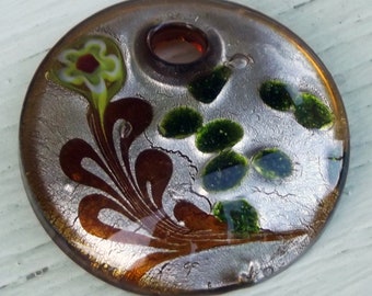 Lampwork Metallic Dichroic Glass Round Floral Pendant Brown Yellow Green