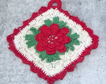 Handgefertigte Gehäkelte Hängende Hot Pad Topflappen Rose Rot Weiß Grün EB21