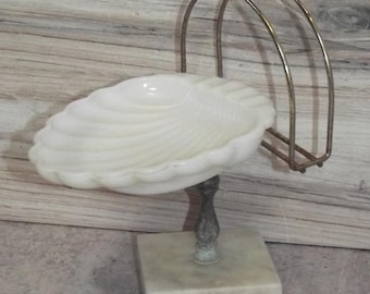 Art Deco Marble Base Metal Swivel Shell Glass Top Soap Dish EB31