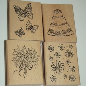 Lot of Four Rubber Stamps Wedding Cake Butterflies Flowers Bouquet B51