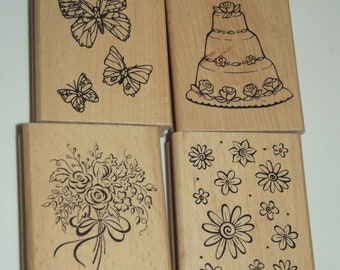 Lot of Four Rubber Stamps Wedding Cake Butterflies Flowers Bouquet